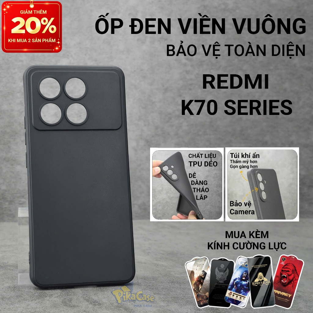 Ốp lưng Redmi K70, K70e, K70 Pro, K70 Ultra Pikacase trơn màu đen | Ốp lưng điện thoại Xiaomi bảo vệ
