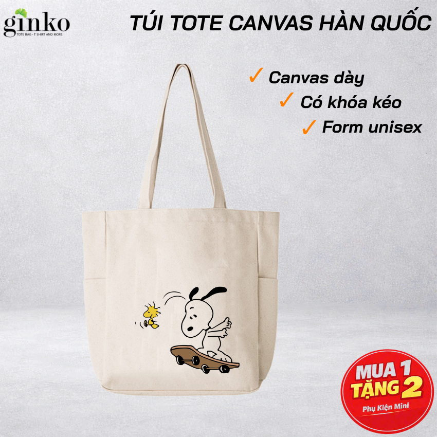 Túi Tote Canvas Snoopy GINKO Có Dây Kéo, Túi Tote Vải Canvas Unisex Phong Cách Hàn Quốc HM99