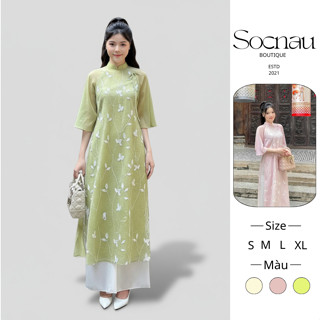 Áo Dài Cách Tân Thêu Hoa NV571 Set Đồ Nữ Cổ Trụ Ba Màu Vải Voan Phối Quần Lụa Xinh Xắn Dịp Trung Thu