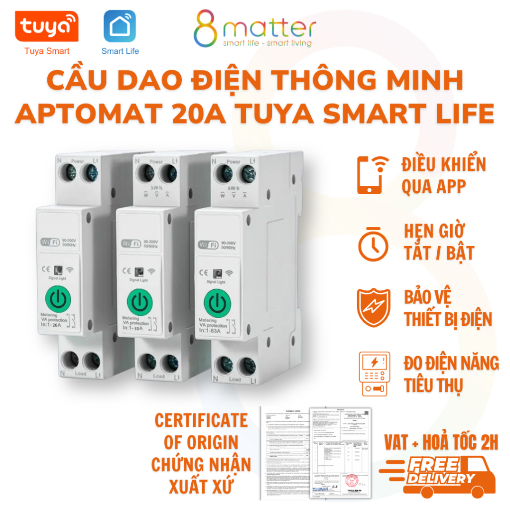 Cầu giao CB thông minh Wifi, Aptomat Tuya Smart Life - Công suất 20A - Điều khiển qua điện thoại