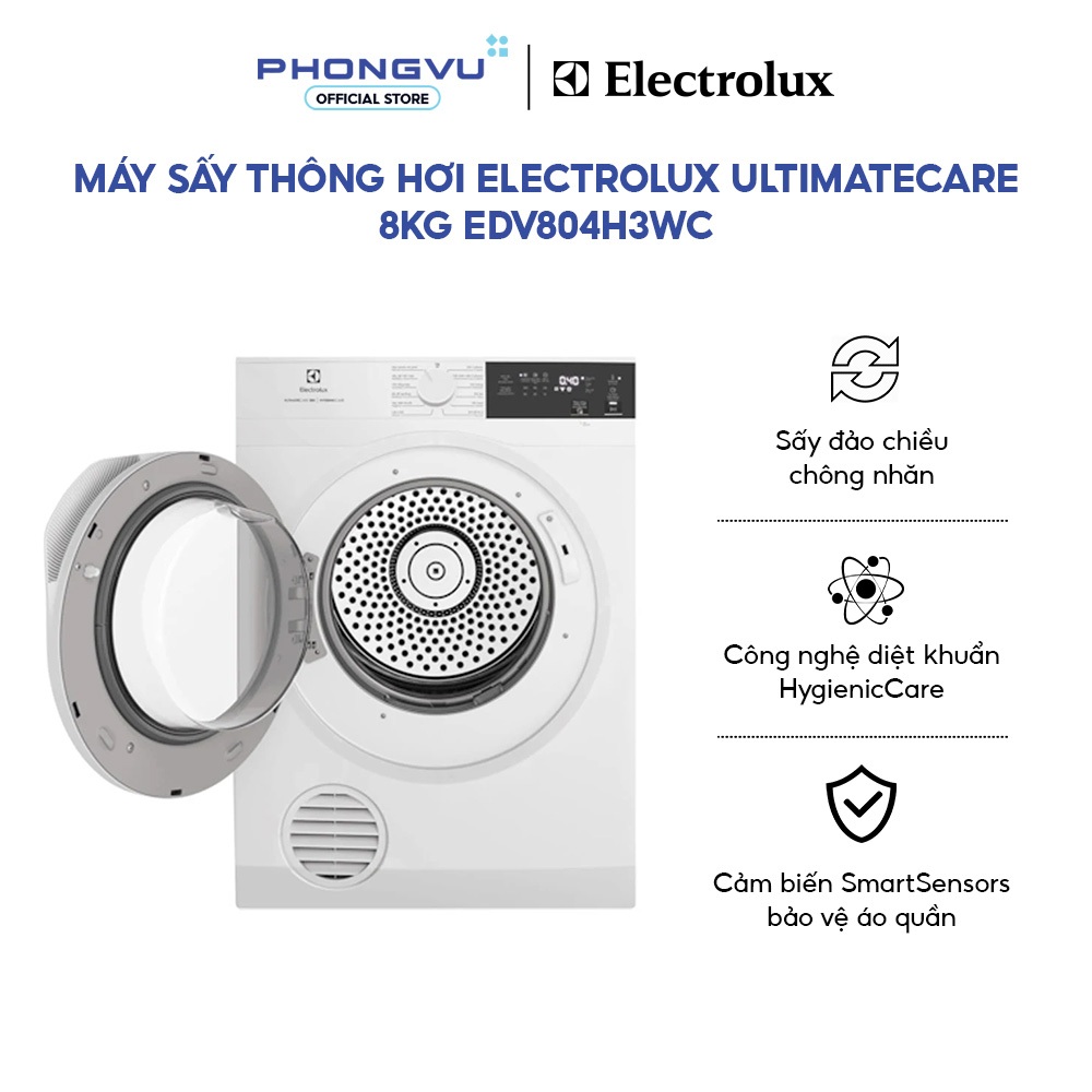 [Shopee Lắp Đặt 0Đ HN HCM Cũ] Máy sấy Electrolux 8kg EDV804H3WC - Lồng ngang, Thông hơi - Diệt khuẩn - Bảo hành 24 tháng