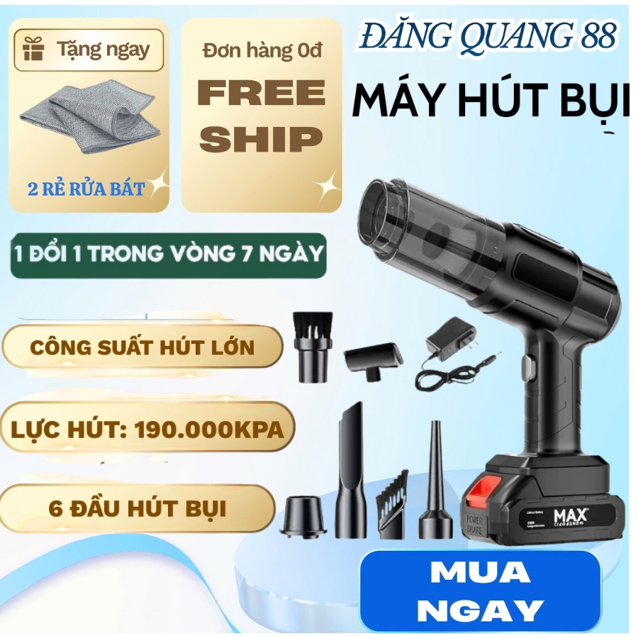 Máy Hút Bụi Cầm Tay Hot 2026, Công suất Lớn, Lực Hút 128.000 Pa, Chân Pin Phổ Thông 4cm Tiện Lợi Và Đa Năng