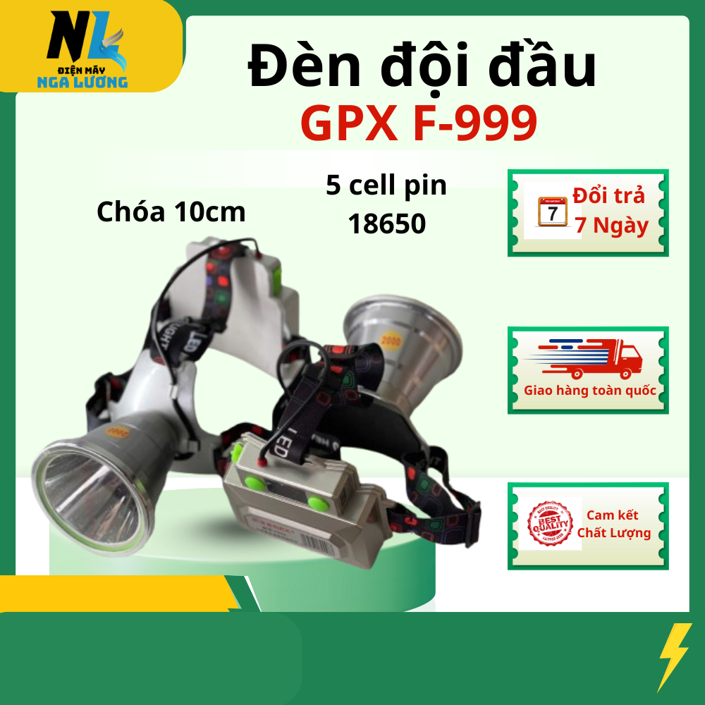 GPX-F999 đèn đội đầu siêu sáng , chóa nhôm 10cm sáng siêu gom chuẩn soi ếch , soi chim , 5 pin 18650