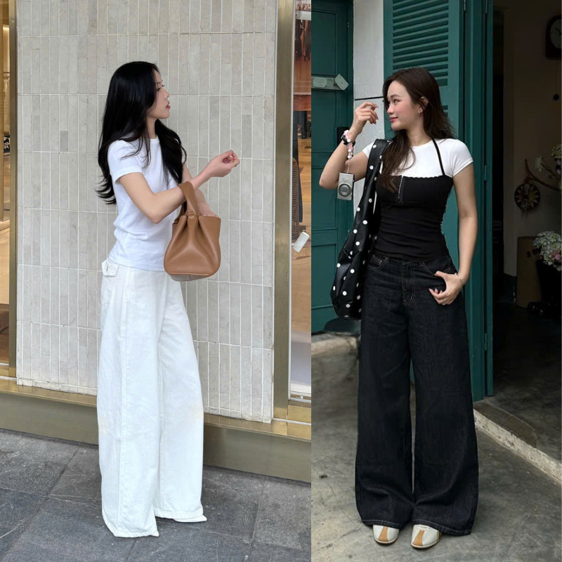 Quần jean nữ ống rộng form suông chất denim jean mềm bền màu cạp giữa eo đẹp hách dáng năng động  - 