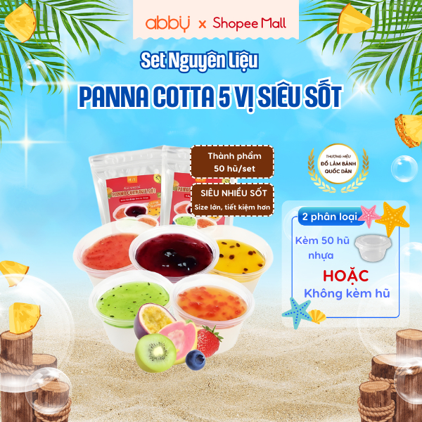 [ABBY] Set Panna Cotta 5 Vị Siêu Sốt Dâu Tây, Việt Quất, Kiwi, Ôỉ Hồng- Thành phẩm 50 - 55 hũ - Bột trộn sẵn tiện lợi