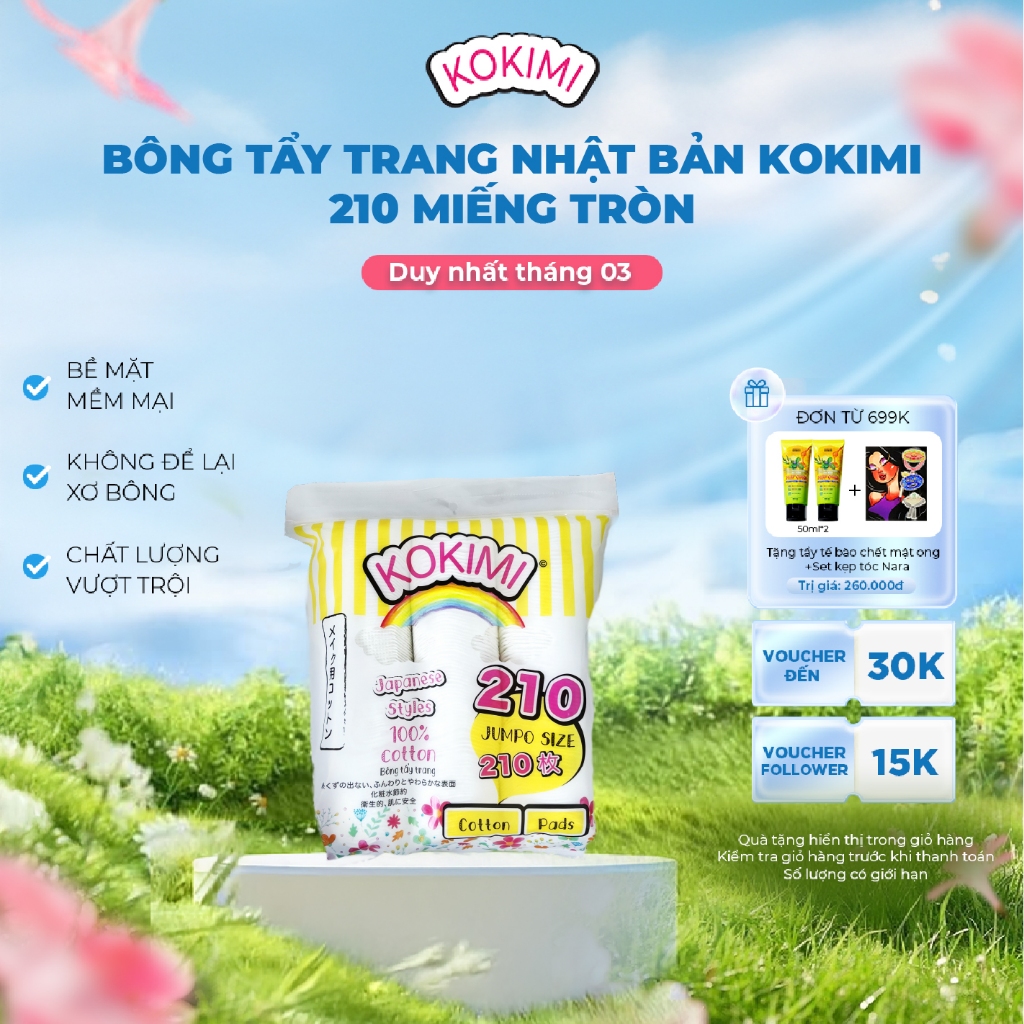 Bông Tẩy Trang KOKIMI 210 Miếng - Cotton Tự Nhiên Mềm Mịn Không Kích Ứng