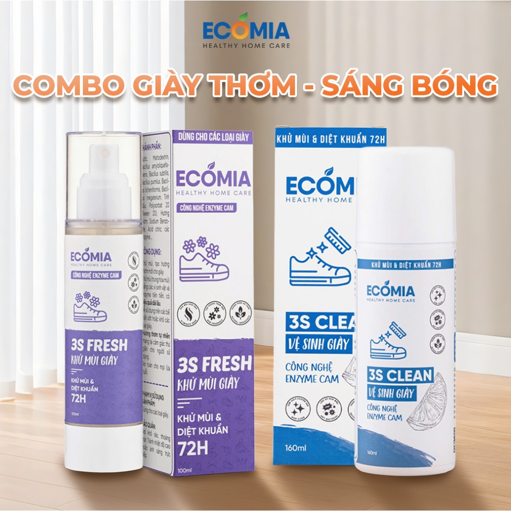 Combo Chăm Sóc Giày Ecomia 2 Bước – Dung Dịch Vệ Sinh Giày 3S Clean + Xịt Khử Mùi Giày Enzyme 100ml