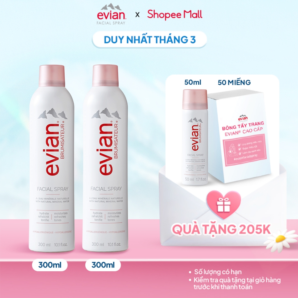 Combo 2 chai xịt khoáng cấp ẩm và làm dịu da evian® Facial Spray 300ml x 2