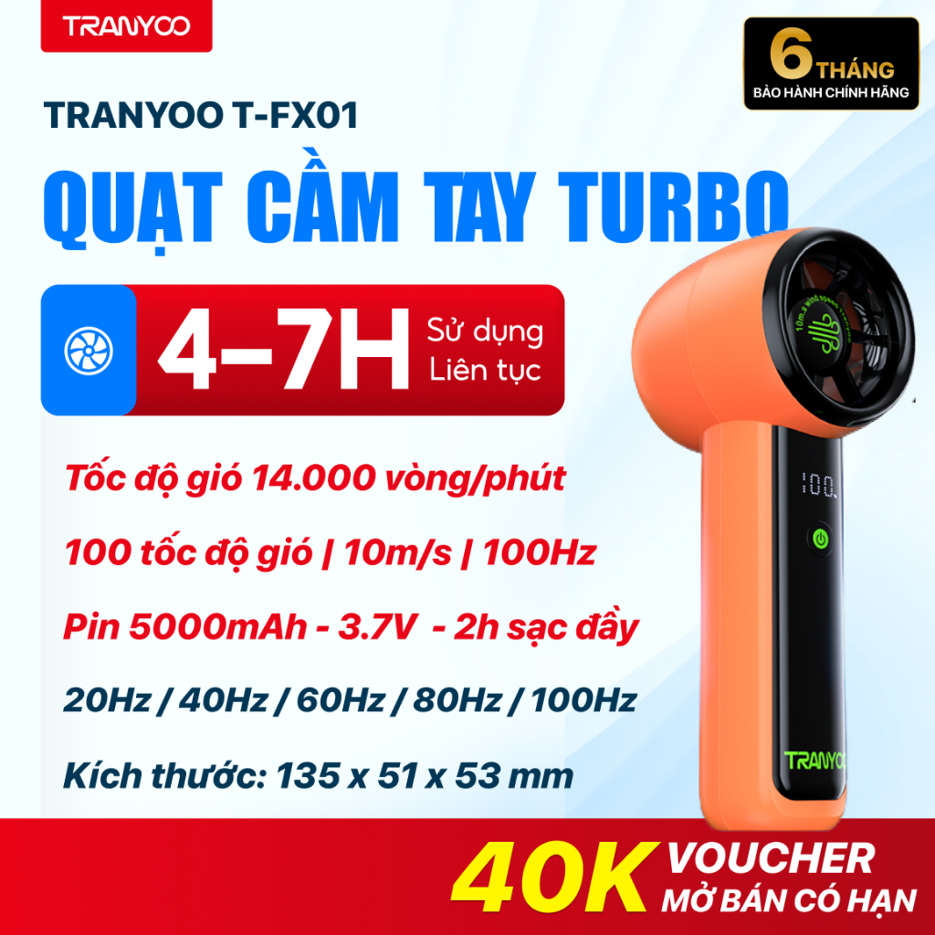 [DEAL MỞ BÁN] Quạt Cầm Tay TRANYOO T-FX01 Turbo Mini Pin 5000mAh 100 Tốc Độ Gió 7h Sử Dụng Liên Tục