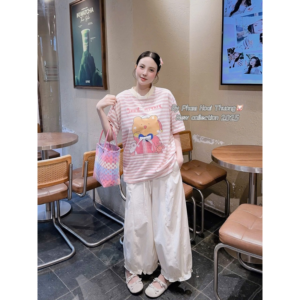 Set Áo Thun Kẻ In Hình Kèm Quần Thô Chân Bèo HT • Melanie Boutique