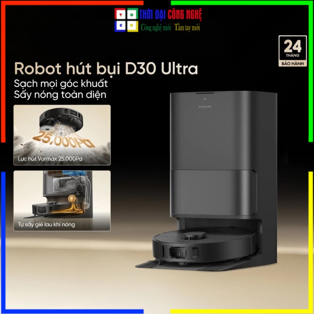 Robot Hút Bụi Lau Sàn Dreame D30 Ultra - Lực Hút 7000Pa, Tự Giặt Giẻ Nước Nóng, Sấy Khô, Đổ Rác - Bả