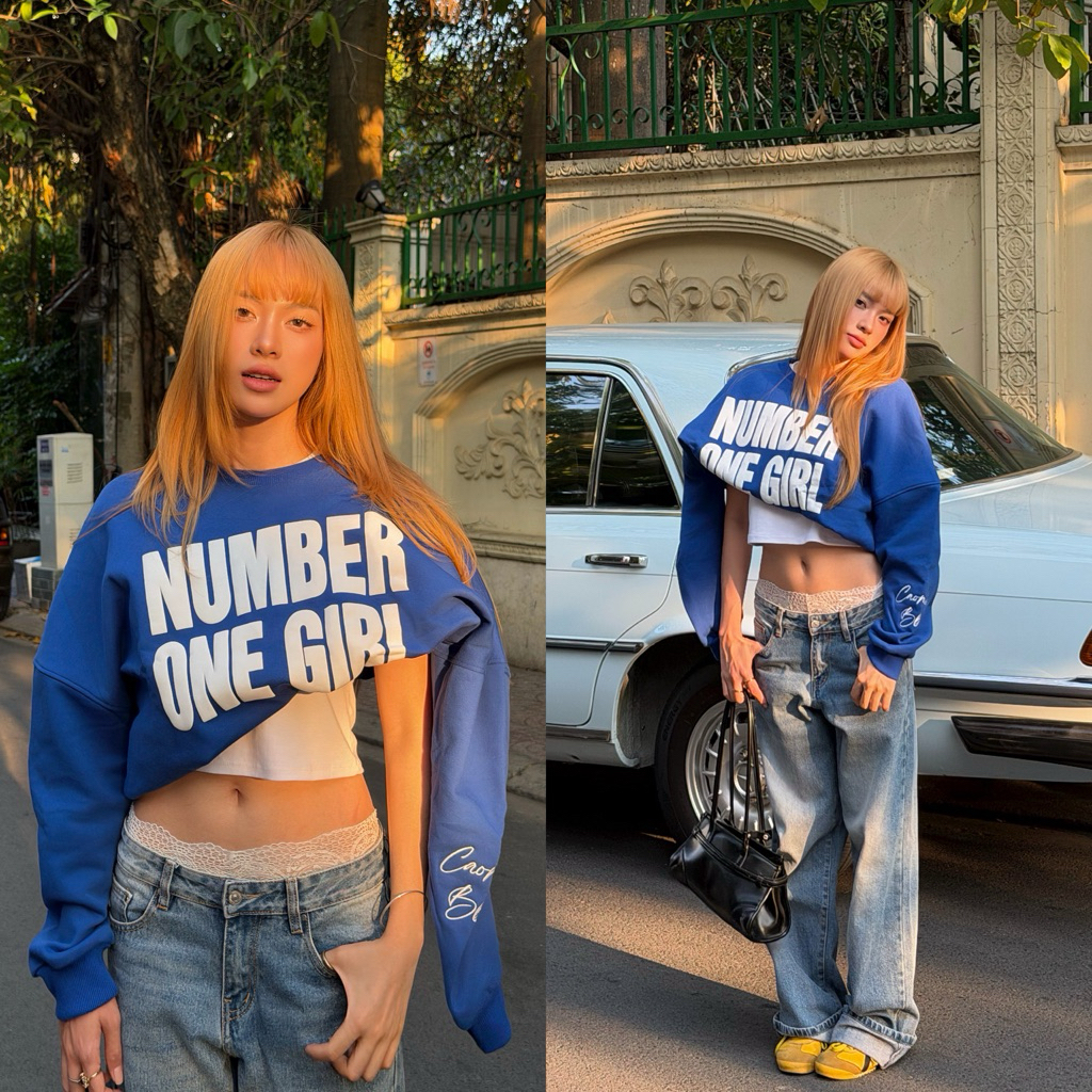 CAOMEIBBI - ÁO TAY DÀI NỈ BÔNG IN CHỮ NUMBER ONE GIRL- NOG SWEATER.