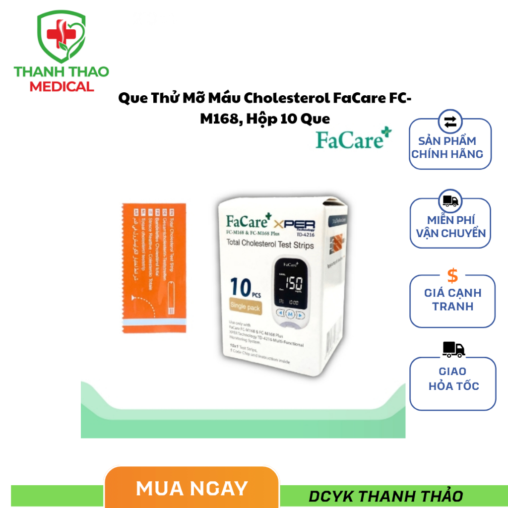 Que Thử Mỡ Máu Cholesterol FaCare FC-M168, Hộp 10 Que