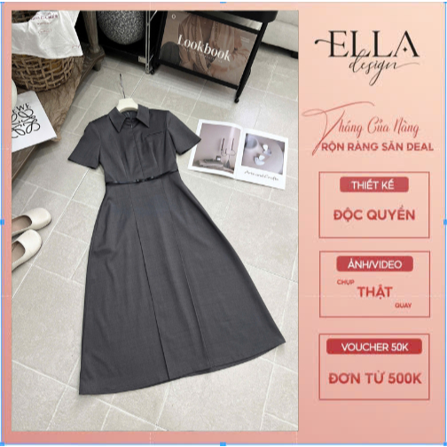 Váy Đầm Thiết Kế Ella Desgin cho nữ kiểu dáng midi,cổ bẻ, tay ngắn phối dây đai may liền phù hợp mặc