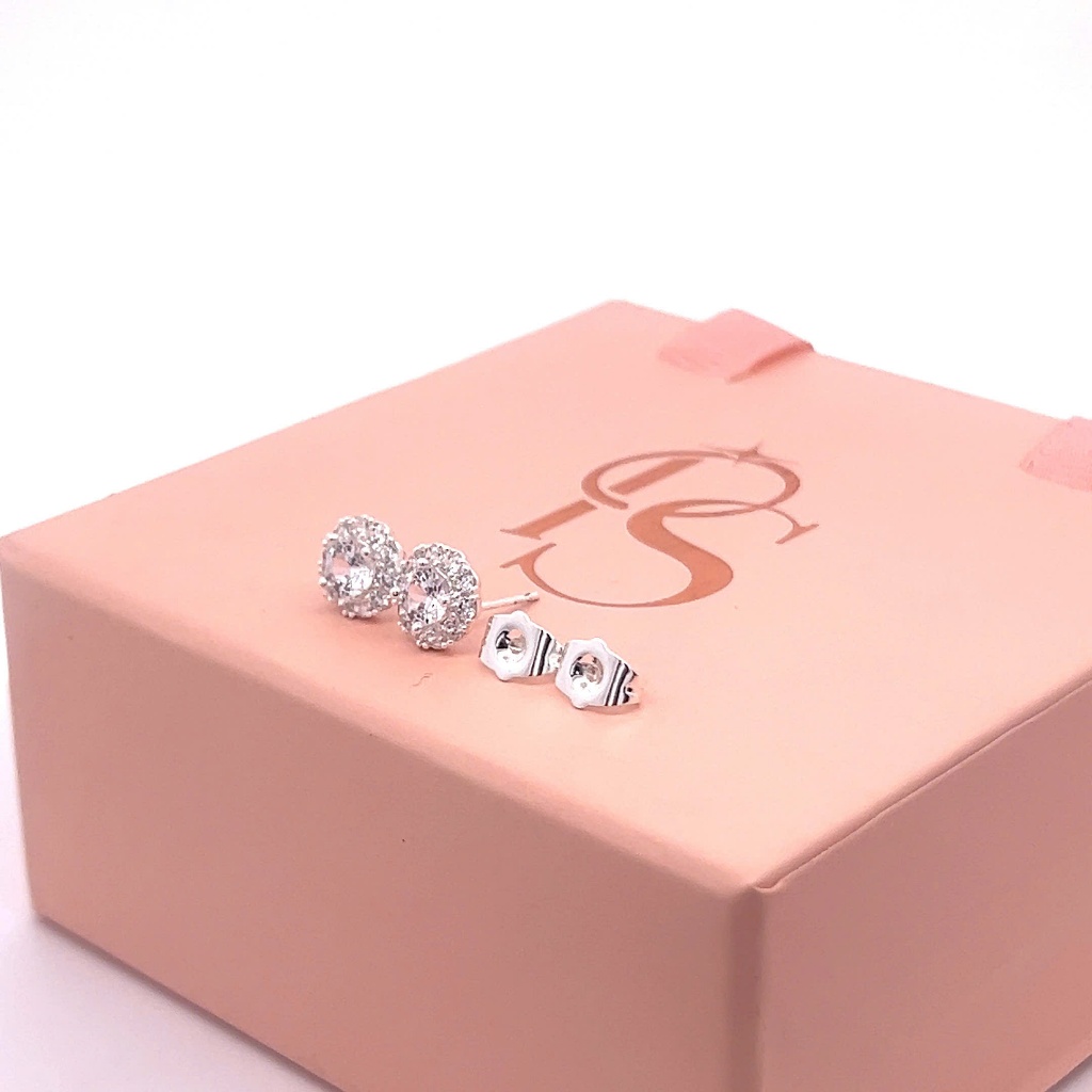 PS175. HOA TAI NỮ TRÒN ĐÍNH ĐÁ CZ CAO CẤP – (ĐƯỜNG KÍNH 9MM-ĐÁ CHỦ 5LY) (ĐVT: 1 ĐÔI) – XI BẠC (HỢP K