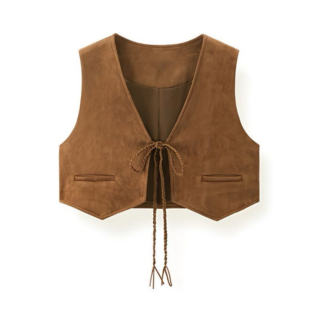 【Ảnh Shop】Áo Gile Nữ dáng ngắn Dây buộc nơ ,Áo Gile Nữ màu Nâu Da Lộn Kiểu dáng Cổ điển
