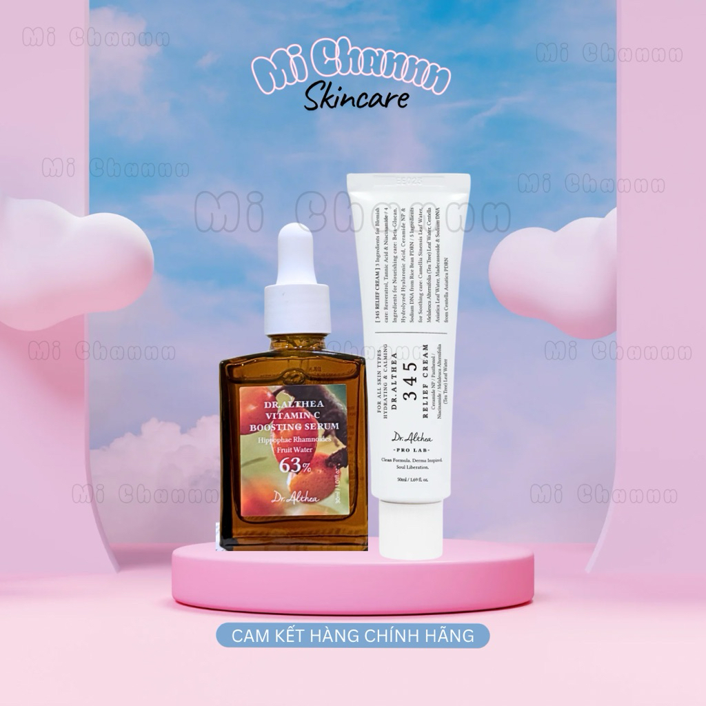 Combo Dưỡng Sáng + Mờ thâm , giảm mụn Serum Vitamin C Boosting 63% Dr.Althea 30ml + Kem dưỡng 345 Relief Dr.Althea 50g