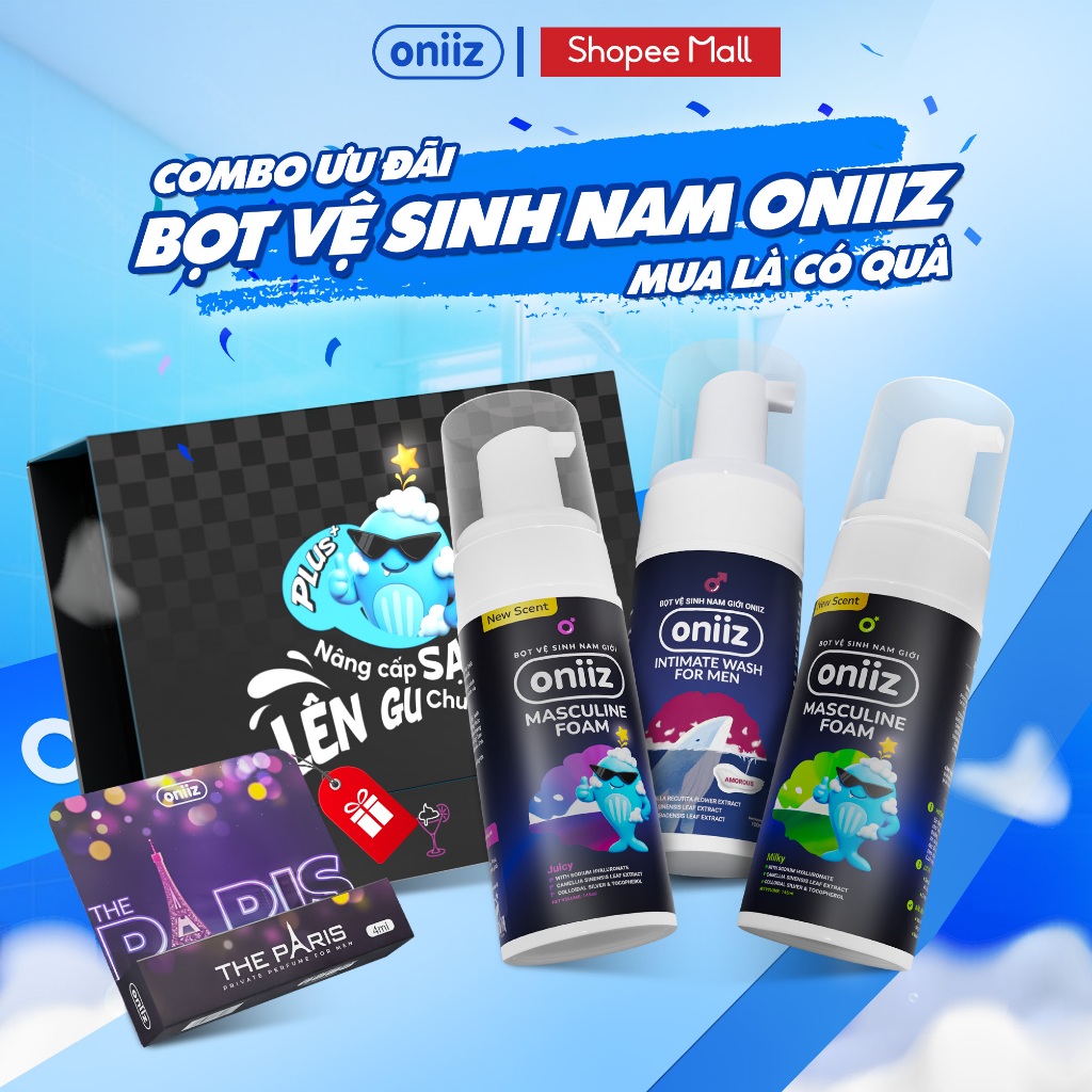 Combo ưu đãi Bọt vệ sinh nam giới Oniiz, Dung dịch vệ sinh Masculine Foam - Tặng nước hoa cao cấp