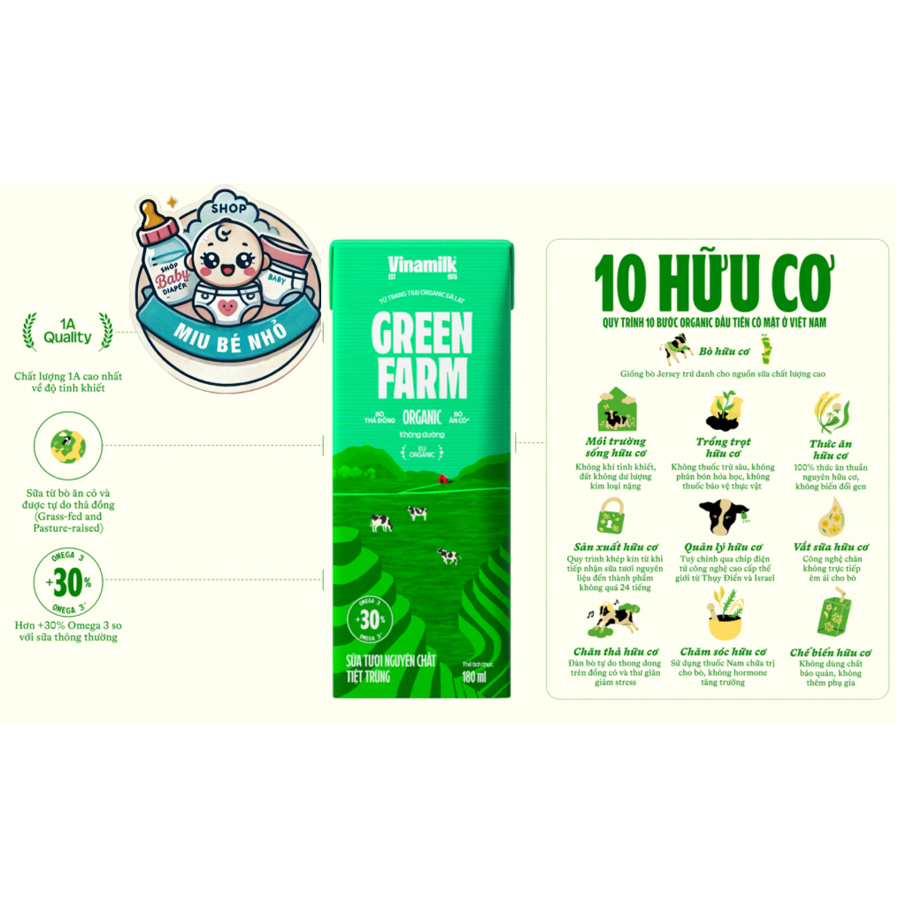 Thùng 48 Hộp 180ml Sữa Tươi Tiệt Trùng Vinamilk Green Farm ORGANIC