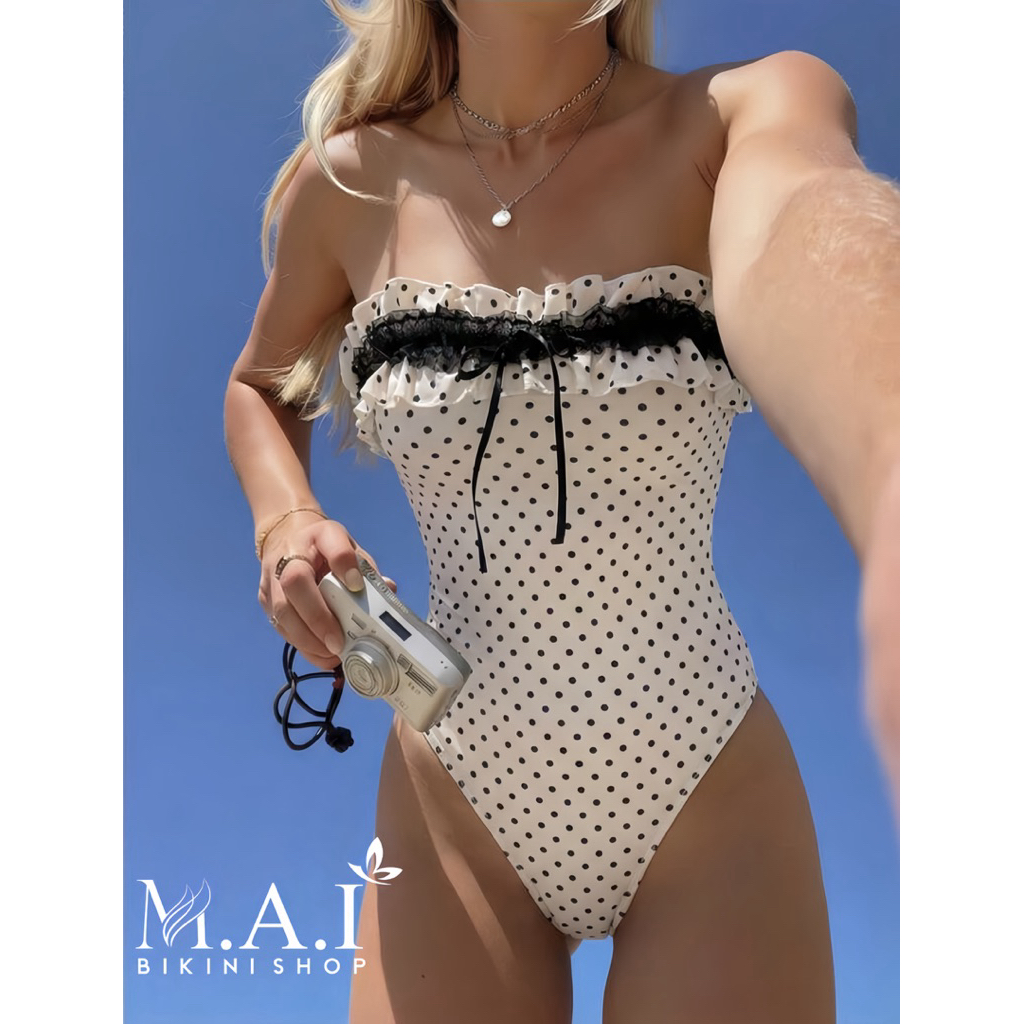 𝗠𝗔𝗜 𝗕𝗜𝗞𝗜𝗡𝗜 •CÓ SẴN HN• Bikini Liền Một Mảnh Chấm Bi Nền Trắng Gắn Ren Đen Cho Nữ