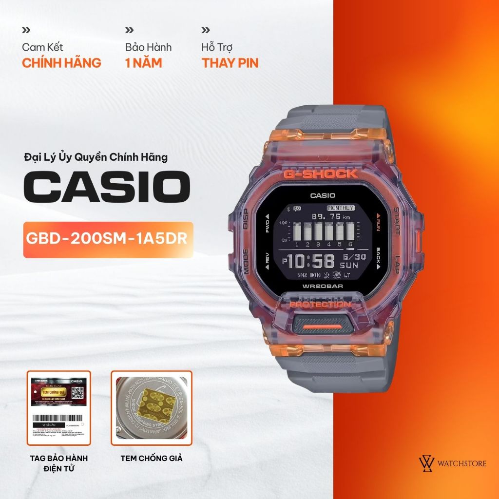 Đồng Hồ Casio G-Shock Nam GBD-200SM-1A5DR Mặt Kính Khoáng 45.9mm Chống Nước Dây Nhựa Chính Hãng