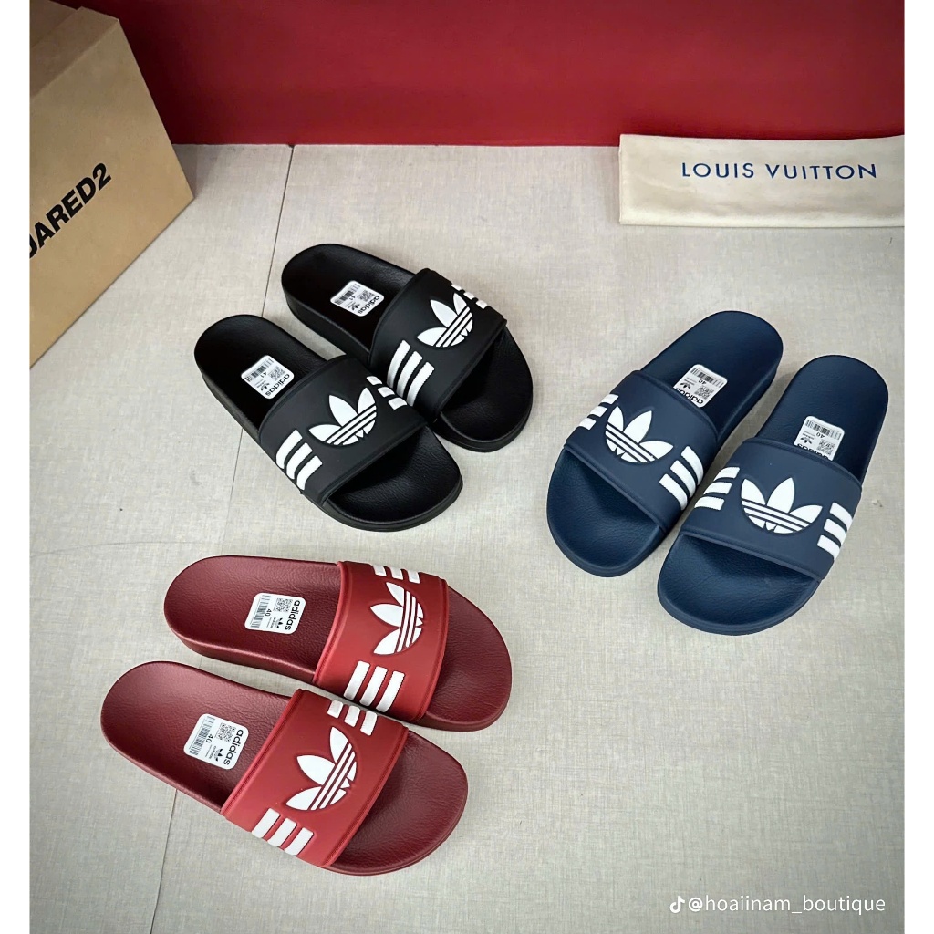 Dép Quai Ngang ADIDAS 3 Sọc Trắng Đen Nam Nữ Đế Cao Su Đúc