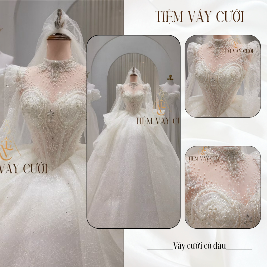 Váy Cưới Làm Lễ, Váy Cưới Cô Dâu, Đầm Cưới Đi Tiệc, Dáng Xoè, Dài Tay, Cúp Ngực, Đính Đá, TVC280