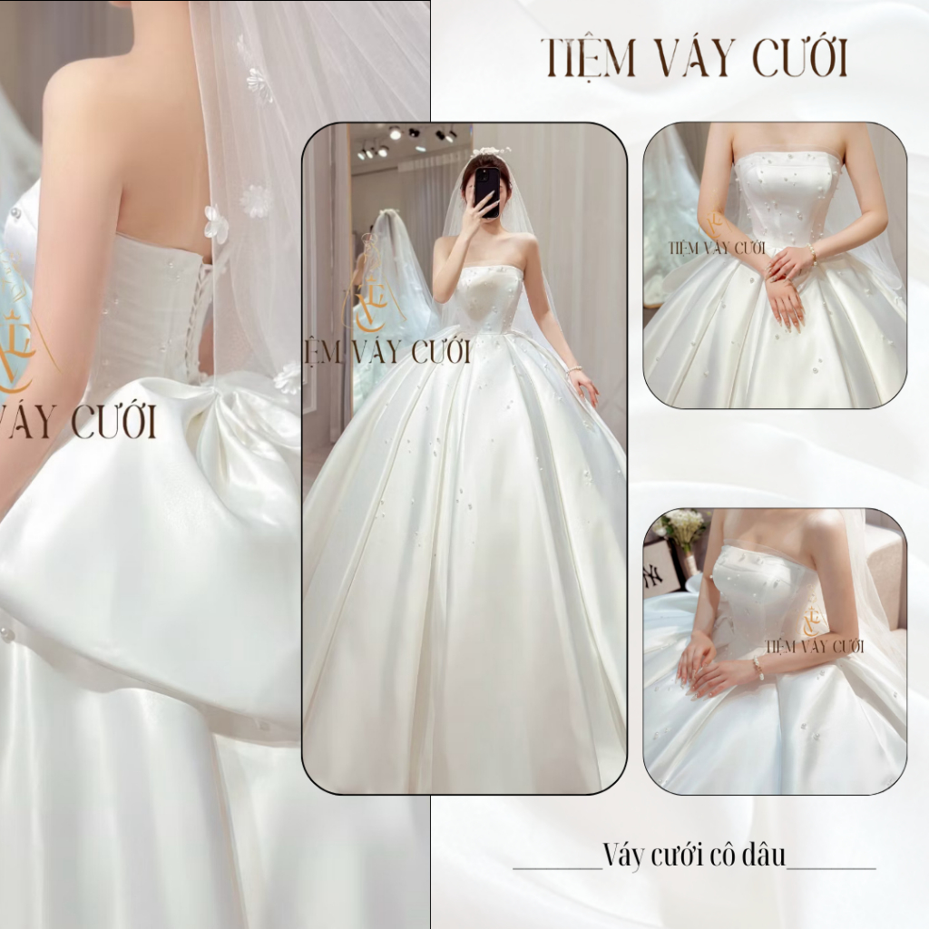 Váy Cưới Làm Lễ, Váy Cưới Cô Dâu, Đầm Cưới Cao Cấp, Cúp Ngực, Ngọc Trai, Phi, Bồng Bềnh, TVC252