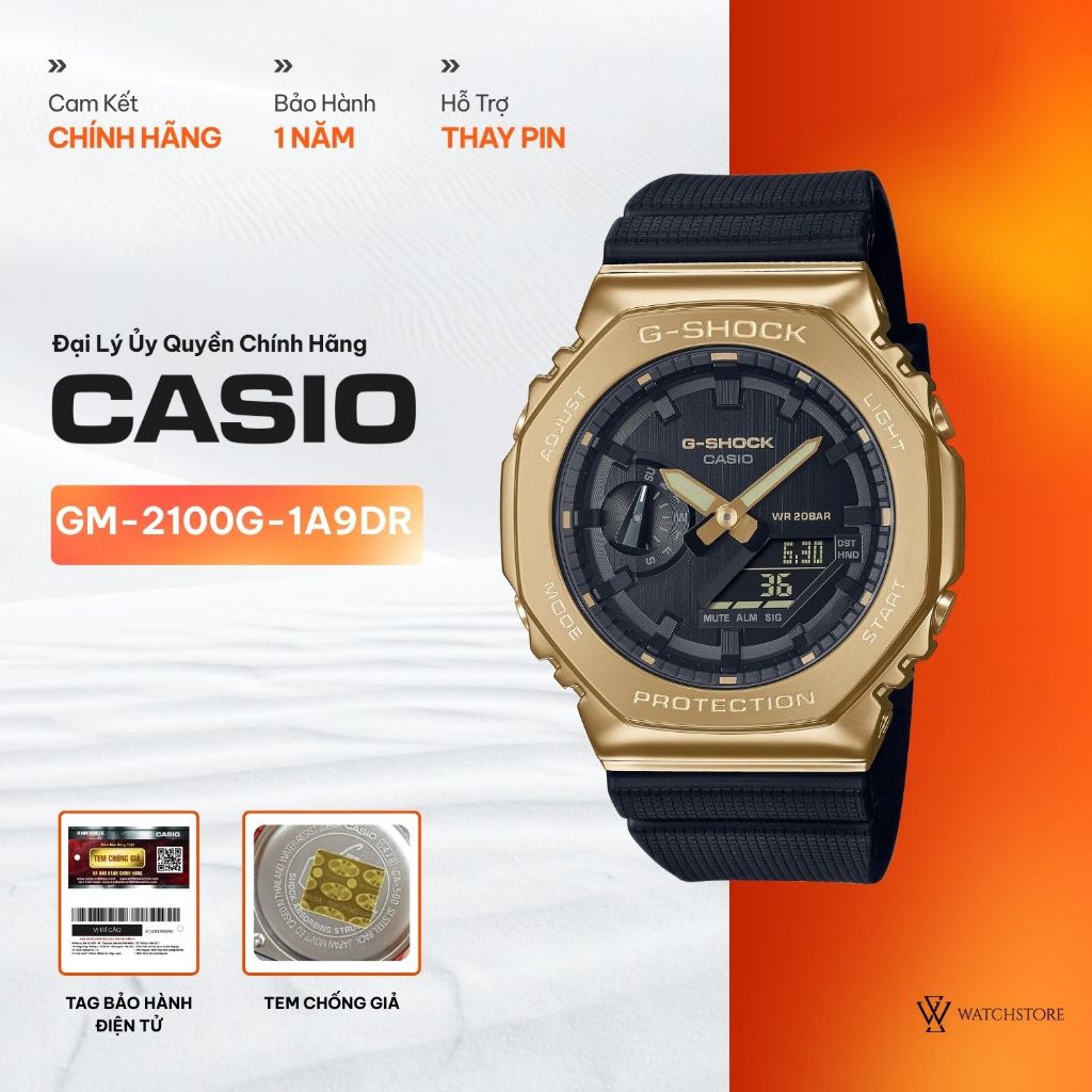 Đồng Hồ Nam Casio G-Shock GM-2100G-1A9DR Màu Đen Kim Vàng Mặt Kính Khoáng 44.4mm Dây Nhựa Chống Nước