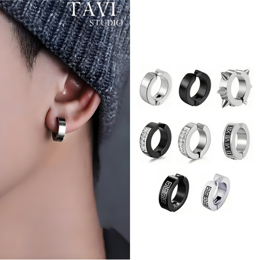 Bông Tai Nam Kẹp Tai Không Cần Xỏ Lỗ Hợp Kim Titan – Khuyên Tai Giả Nam Nữ Màu Đen/Bạc Cá Tính Hiphop Basic Hot Trend