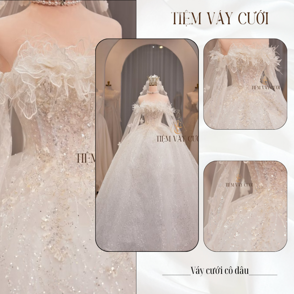 Váy Cưới Làm Lễ, Váy Cưới Cô Dâu, Đầm Cưới Đi Tiệc, Dài Tay, Vải Lưới Mịn, Hoa 3D Bản To, TVC207