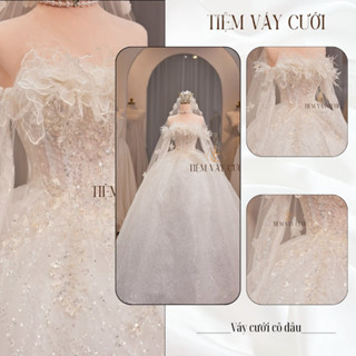 Váy Cưới Làm Lễ, Váy Cưới Cô Dâu, Đầm Cưới Đi Tiệc, Dài Tay, Vải Lưới Mịn, Hoa 3D Bản To, TVC207