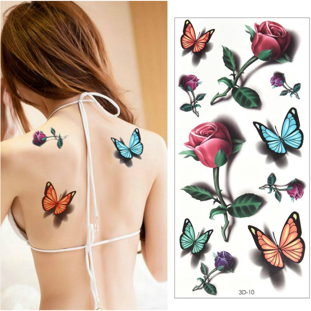 Hình xăm dán hoa hồng sáp 3d 10x6cm, 10x20cm- mua 10 tặng 2 tấm đồng size