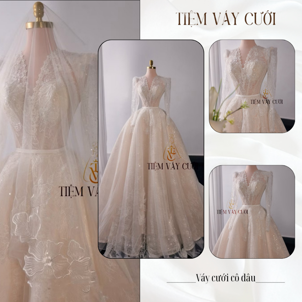Váy Cưới Làm Lễ, Váy Cưới Cô Dâu, Đầm Cưới Đi Tiệc, Dài Tay Phối Vải Ren Lưới Hoa, Cổ Tim, TVC192