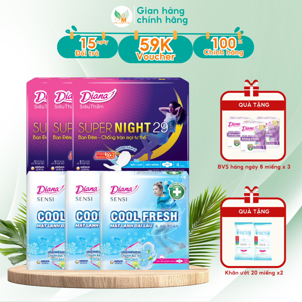 3 BVS DIANA SP NIGHt đêm 29cm 4 miếng + 3 BVS DIANA COOL mát lạnh 8 miếng siêu thấm