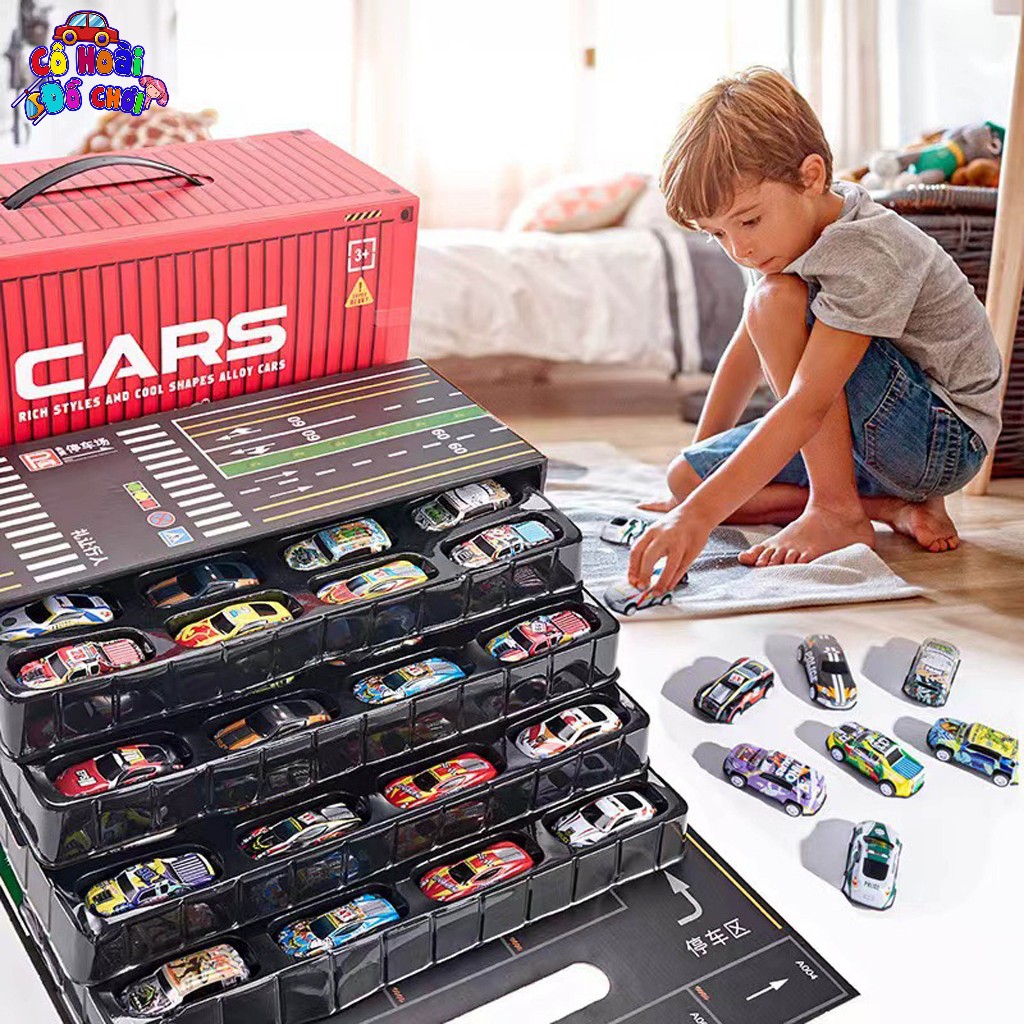 Hộp đựng 48 chiếc xe oto bằng hợp kim, xe chạy cót kéo lùi, mô hình xe đua đồ chơi quán tính cho bé