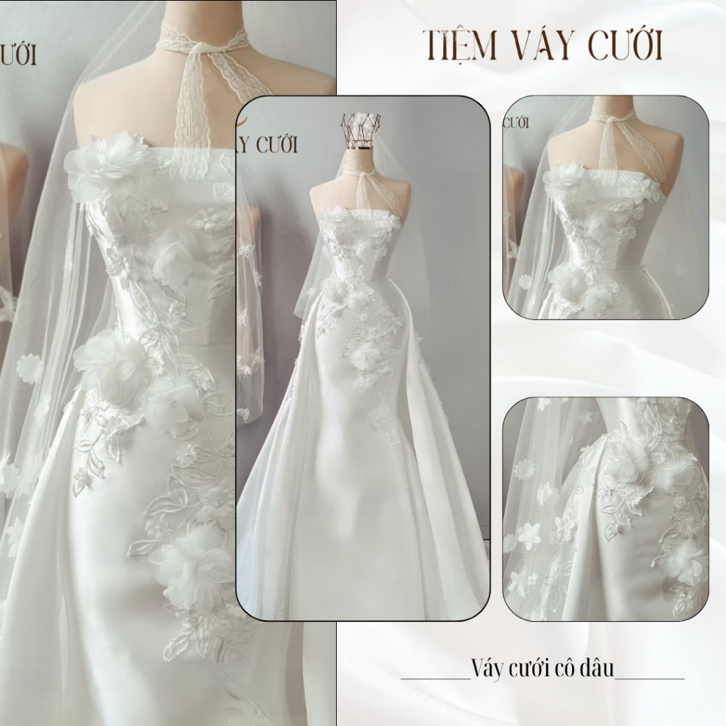 Váy Cưới Đi Bàn, Váy Cưới Cô Dâu, Đầm Cưới Đuôi Cá, Cúp Ngực, Dáng Ôm, Tà Rời, TVC108