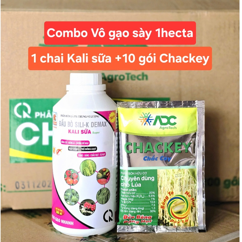 COMBO VÔ GẠO 1hecta gồm: 1chai Kali sữa + 10 gói Chackey ADC, vô gạo nhanh, nặng kí và dưỡng xanh lá