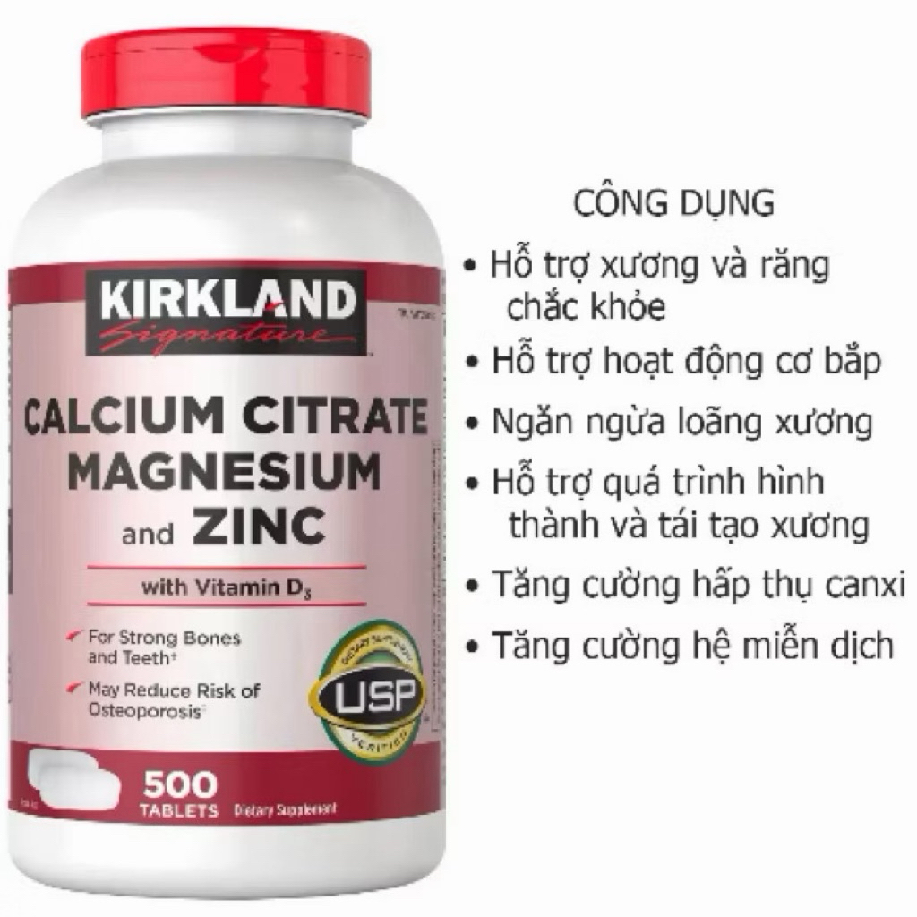 Viên uống Kirkland Calcium Citrate Magnesium and ZinC 500 viên Daily Hàng Mỹ