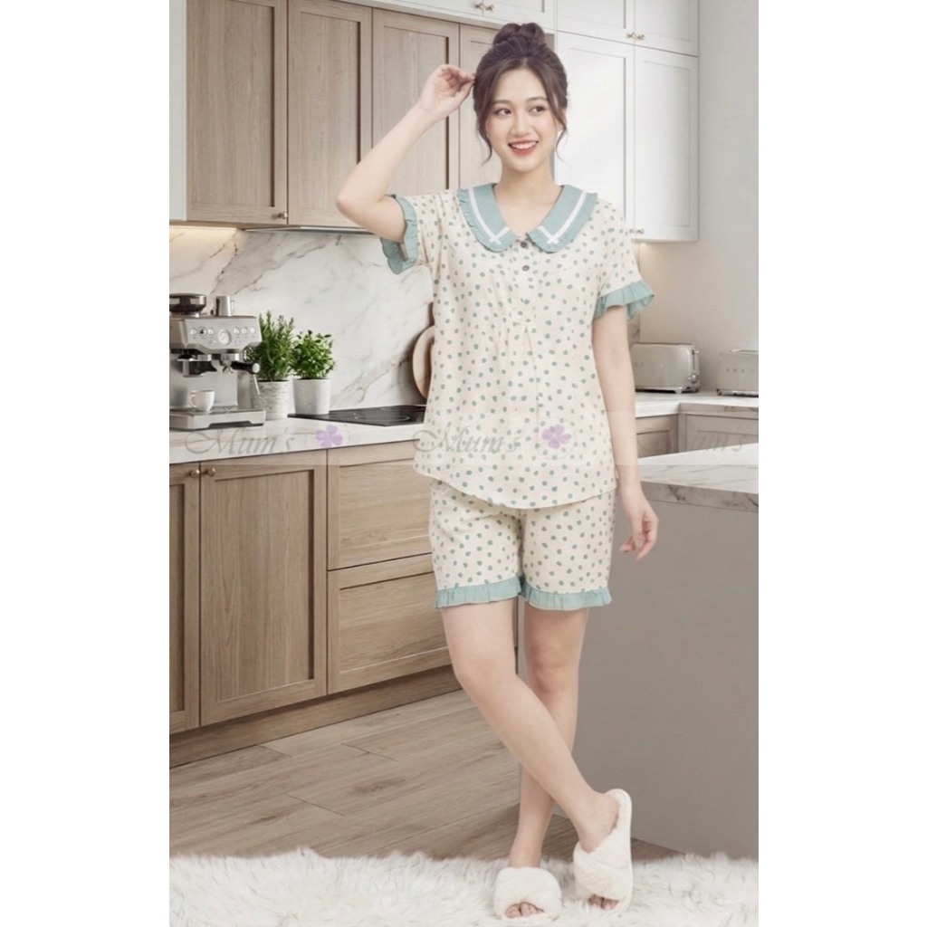 Đồ bộ mặc bầu và sau sinh Mum's Shop BCB024 bộ mặc nhà chất đũi trắng hình dâu xanh