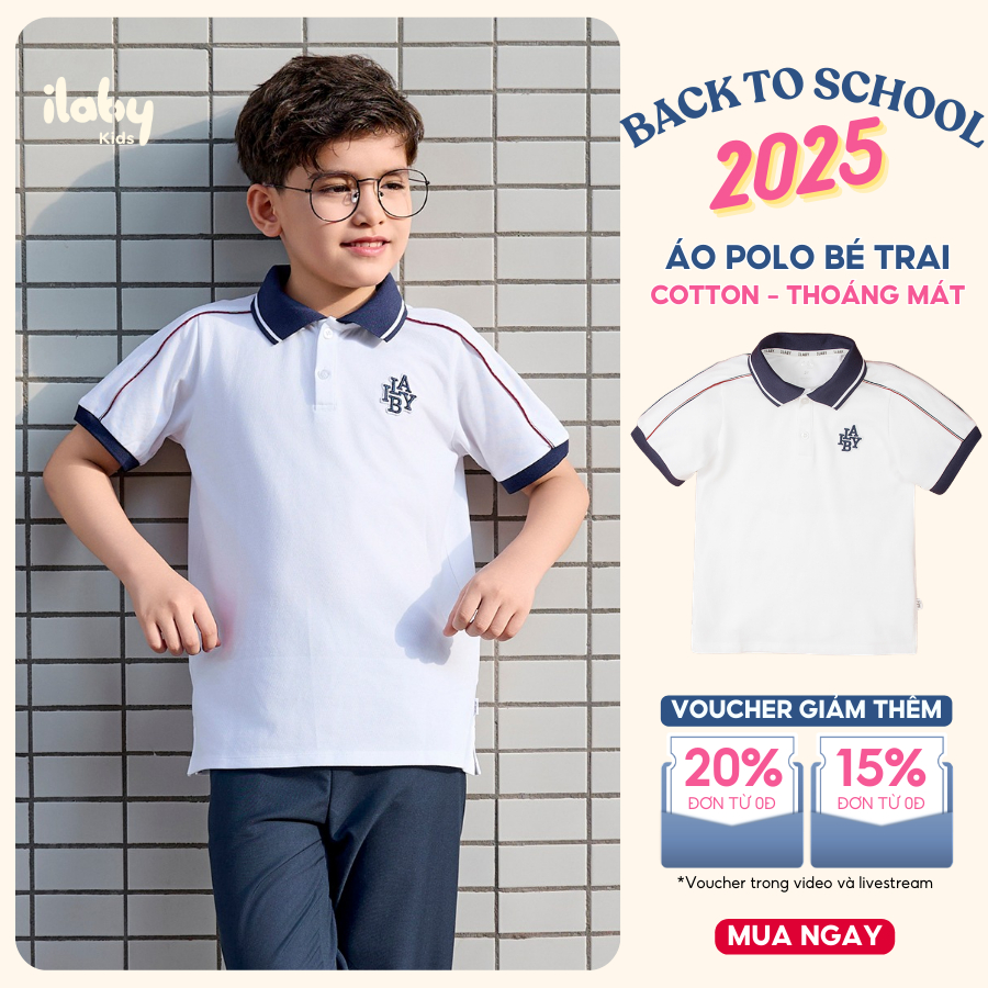 Áo polo bé trai ILABY trắng phối navy thêu logo thể thao basic [3200]