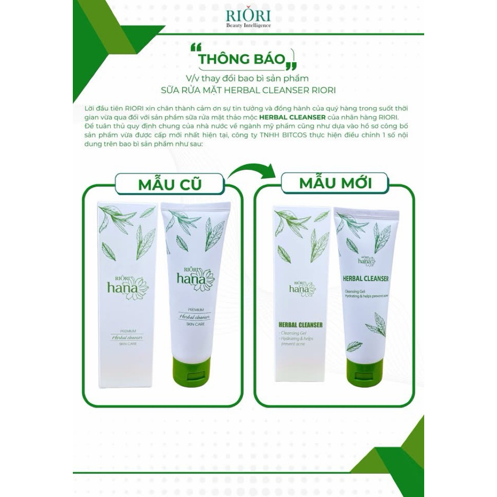 [CHÍNH HÃNG] Sữa Rửa Mặt Thảo Mộc pH 5.5 RIORI HANA Herbal Cleanser 120g