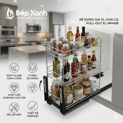 Kệ đựng gia vị, chai lọ Pull-out Ecalite EL-NP40B - Thép Không Gỉ 304 Cao Cấp