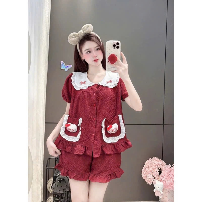 Bộ Pyjama Cộc Đùi Cổ Đính Nơ Túi Cham Mèo Chất Vải Đũi Mềm Mặc Nhà Mịn Mát (size 40-60 kg)