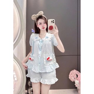 Bộ Pyjama Cộc Đùi Cổ Đính Nơ Túi Cham Mèo Chất Vải Đũi Mềm Mặc Nhà Mịn Mát (size 40-60 kg)