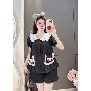 Bộ Pyjama Cộc Đùi Cổ Đính Nơ Túi Cham Mèo Chất Vải Đũi Mềm Mặc Nhà Mịn Mát (size 40-60 kg)