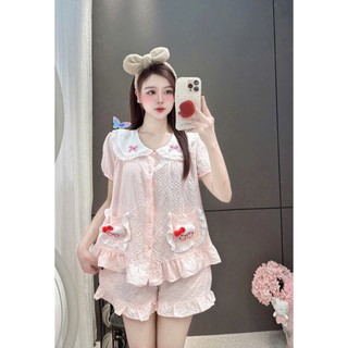 Bộ Pyjama Cộc Đùi Cổ Đính Nơ Túi Cham Mèo Chất Vải Đũi Mềm Mặc Nhà Mịn Mát (size 40-60 kg)