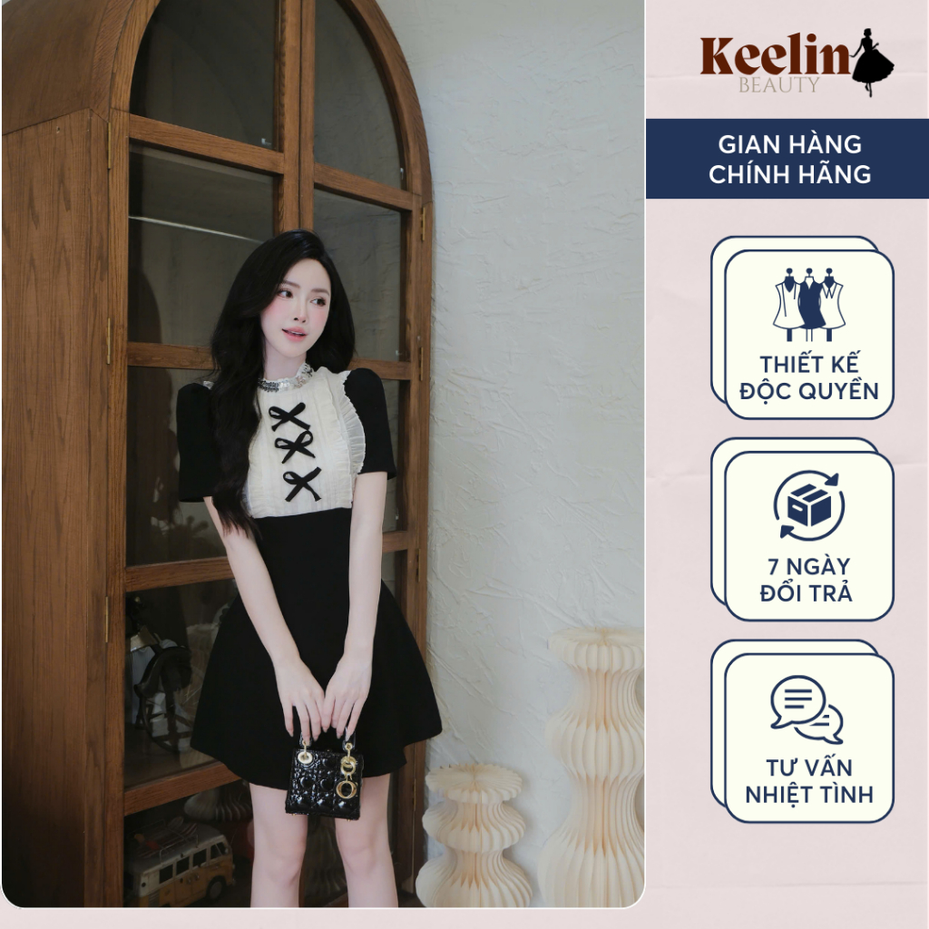 Váy thiết kế cổ yếm cổ đính nơ kim tuyến sang chảnh cho nữ KEELIN BEAUTY