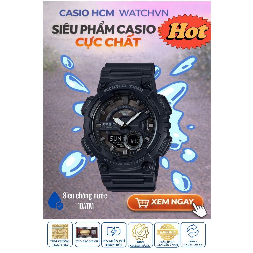 Casio AEQ-110W-1B Đồng Hồ Nam Thể Thao Chính Hãng | 30 Múi Giờ | Chống Nước 100M | Pin 10 Năm