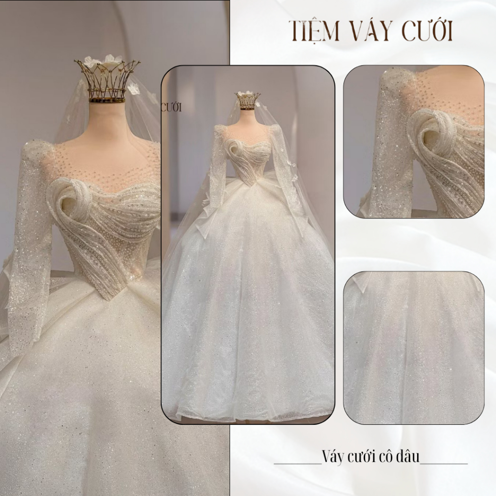 Váy Cưới Làm Lễ, Váy Cưới Cô Dâu, Đầm Cưới Đi Tiệc, Dài Tay, Bèo Tầng, TVC112